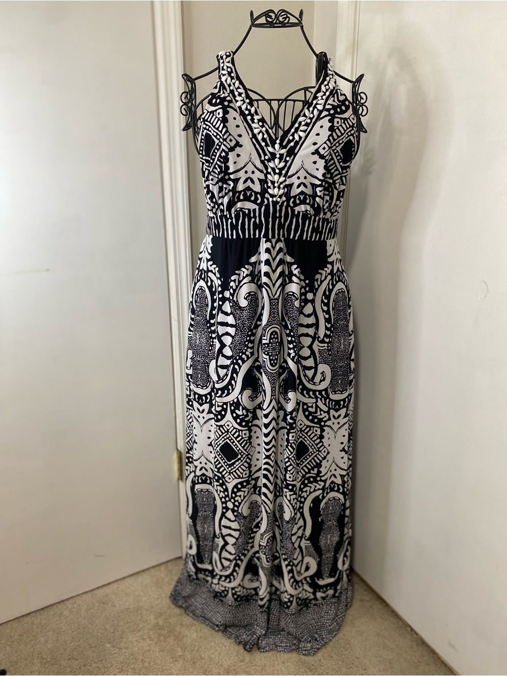 Style & Co Womens XL Geometric Tribal Print Maxi Dress Black White Beaded V-Neck
